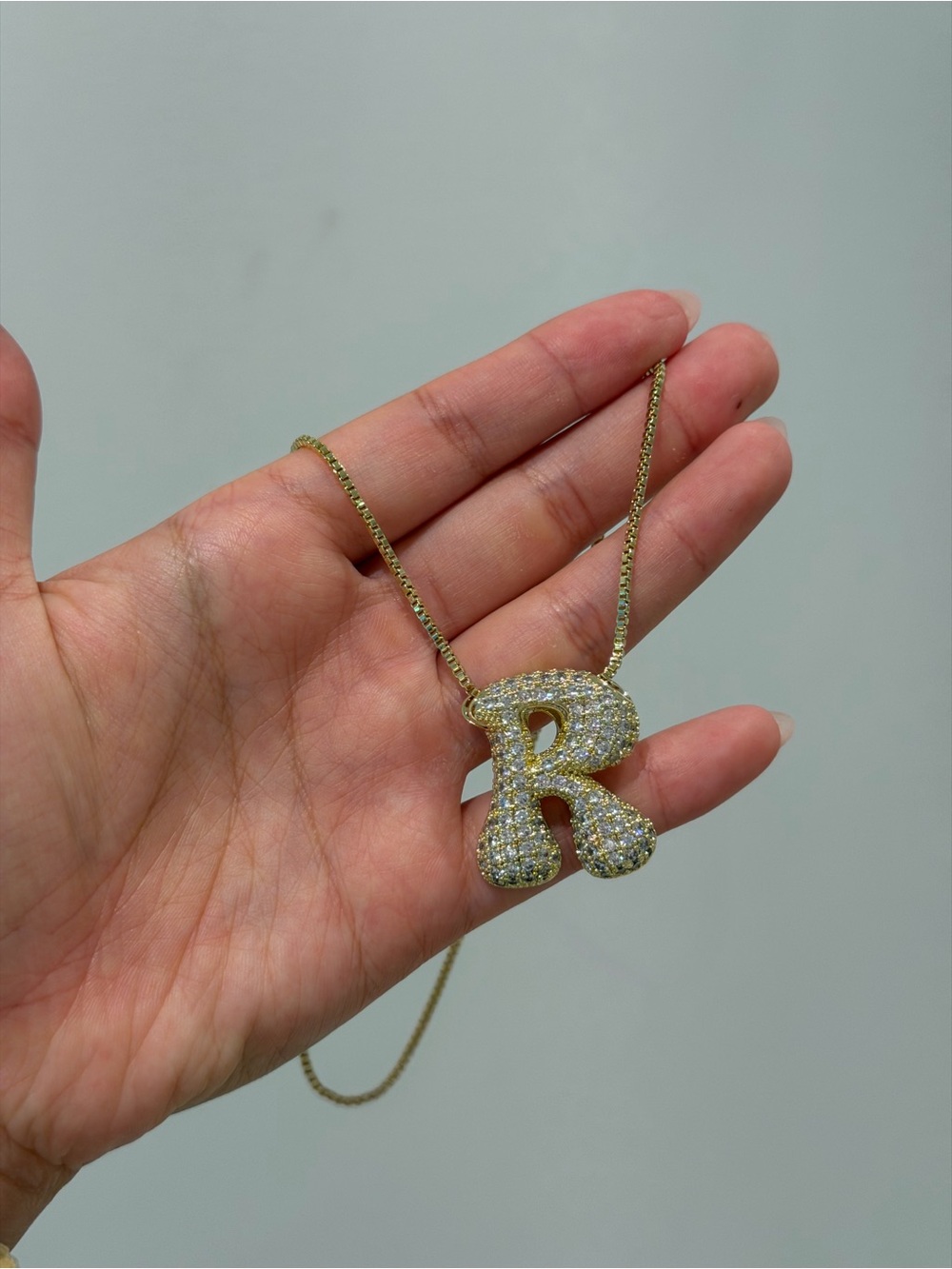 Gold Initial 'R' Pendant Necklace with Pavé Crystals